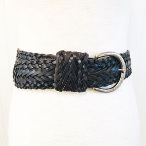 VINTAGE Wide Brown Braided Leather Belt Woven Silver Buckle 90s Y2K‎ Size Large
